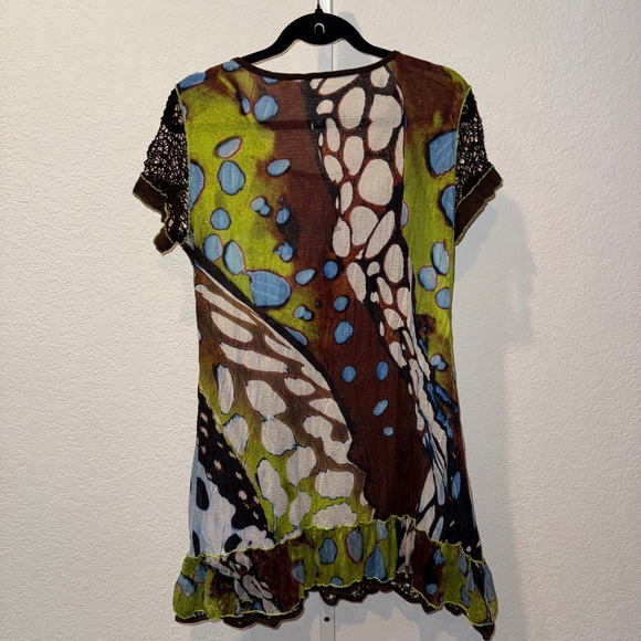 Fleur de Lis Babydoll Dress Y2K Vintage Butterfly Print Mesh Sleeve Trim Medium - Picture 7 of 11